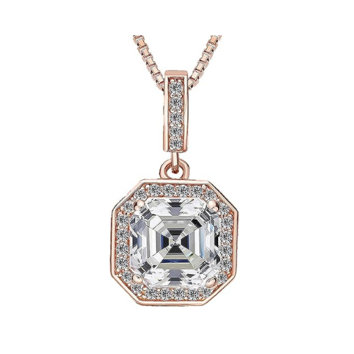 NANA Asscher Cut Halo CZ Simulated Diamond Solitaire Necklace Sterling Silver 7mm Zirconia Center Gemstone