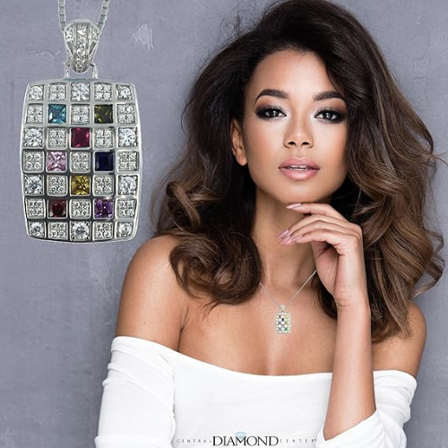 Central Diamond Center Dog Tag Mother's Necklace w/ 1 to 8 Simulated Birthstones in Silver, 10K, or 14K Gold