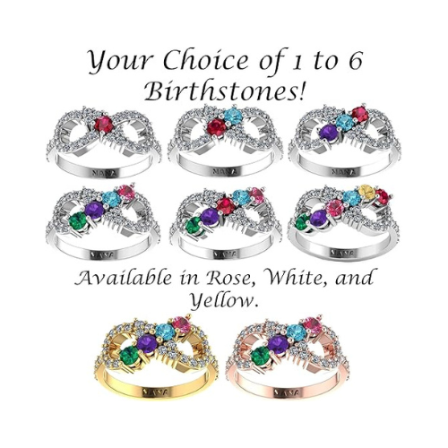 Central Diamond Center Infinity Mothers Rings w/ 1 to 6 Simulated Birthstones in Sterling Silver,  10K or 14K Gold
