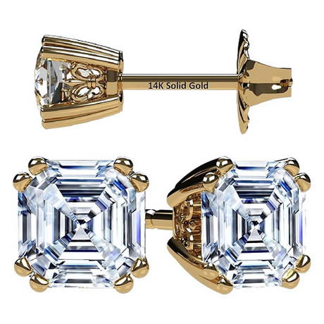 NANA Jewels Asscher Cut 14K Solid Gold Posts & Sterling Silver Simulated Diamond Stud Earrings 0.75 to 4.00ctw CZ