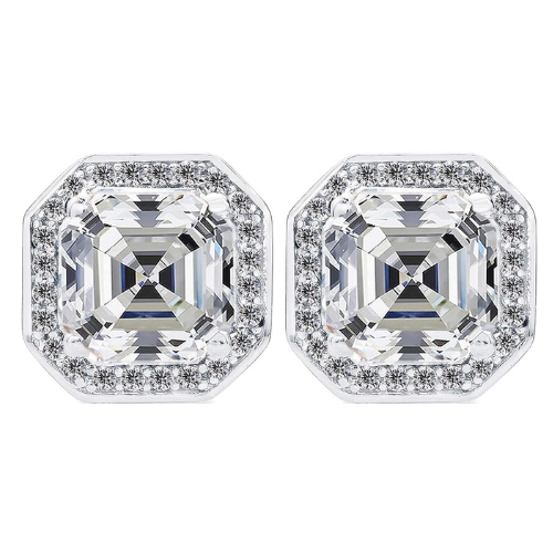 14K Solid Gold Post & Sterling Silver Asscher Cut Halo CZ Stud Earrings 0.80-4.00cttw Cubic Zirconia