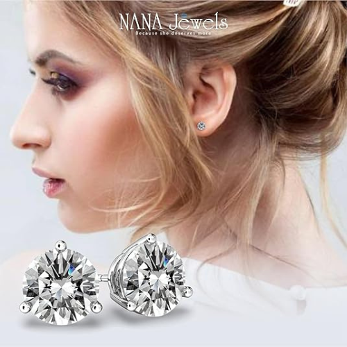 NANA Jewels Round Martini style Simulated Diamond Stud Earrings Silver & CZ 1.50ct-4.00ct Hypoallergenic