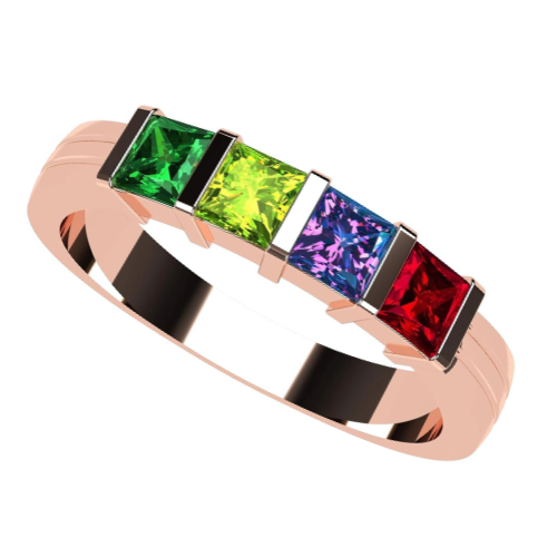 Central Diamond Center Princess Mothers Ring w/ 1 to 6 Simulated Birthstones in Sterling Silver, 10K or 14K Gold
