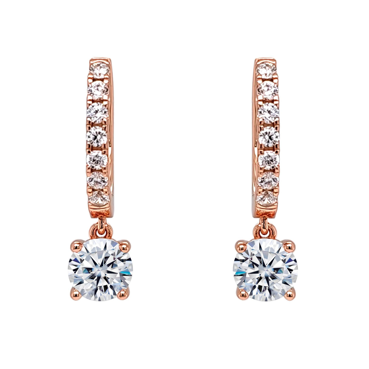 Central Diamond Center Sterling Silver Hoop Earrings with Round-Cut Simulated Diamond Dangle – 2.5 CTW CZ, Prong Set, Elegant Drop Hoops for Women
