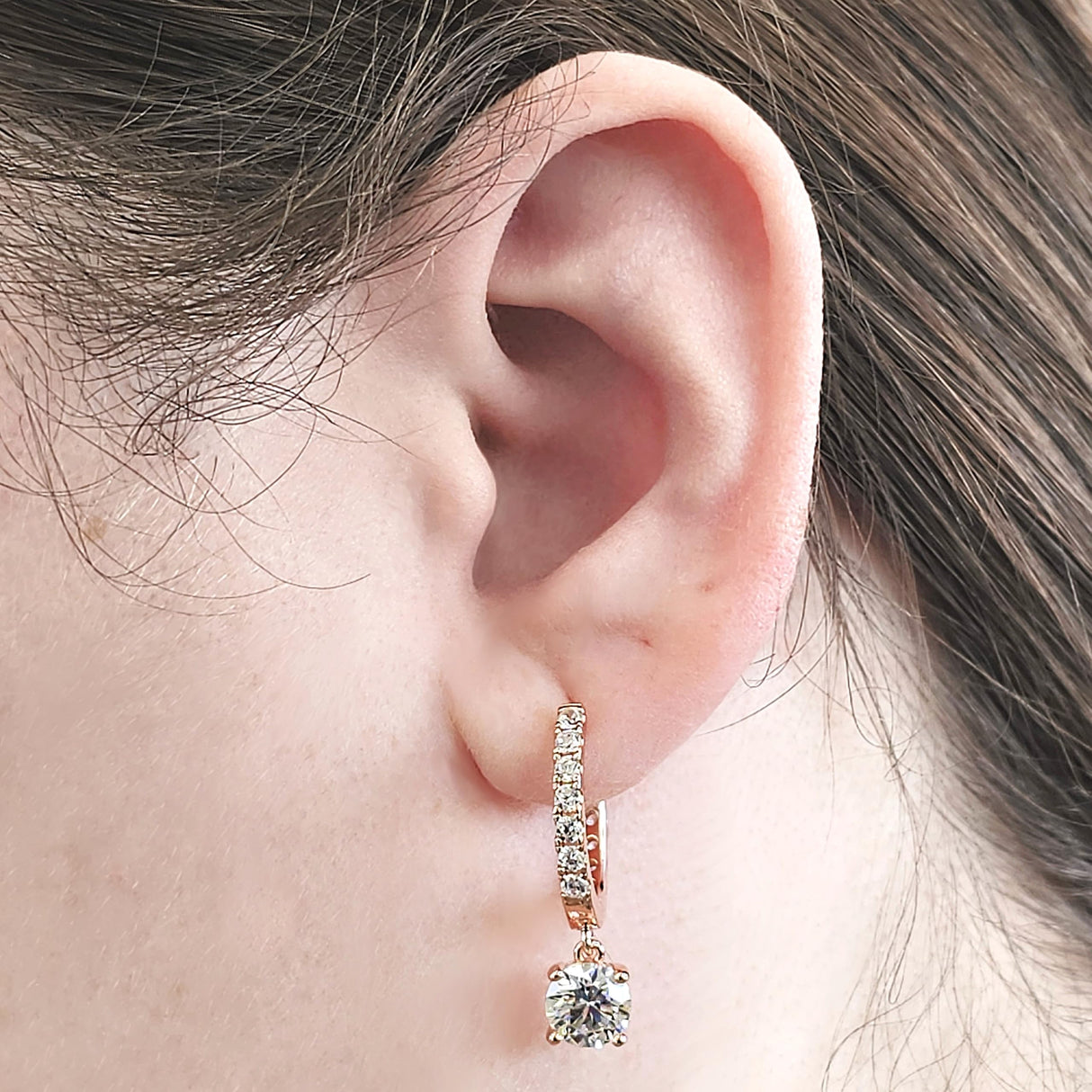 Central Diamond Center Sterling Silver Hoop Earrings with Round-Cut Simulated Diamond Dangle – 2.5 CTW CZ, Prong Set, Elegant Drop Hoops for Women