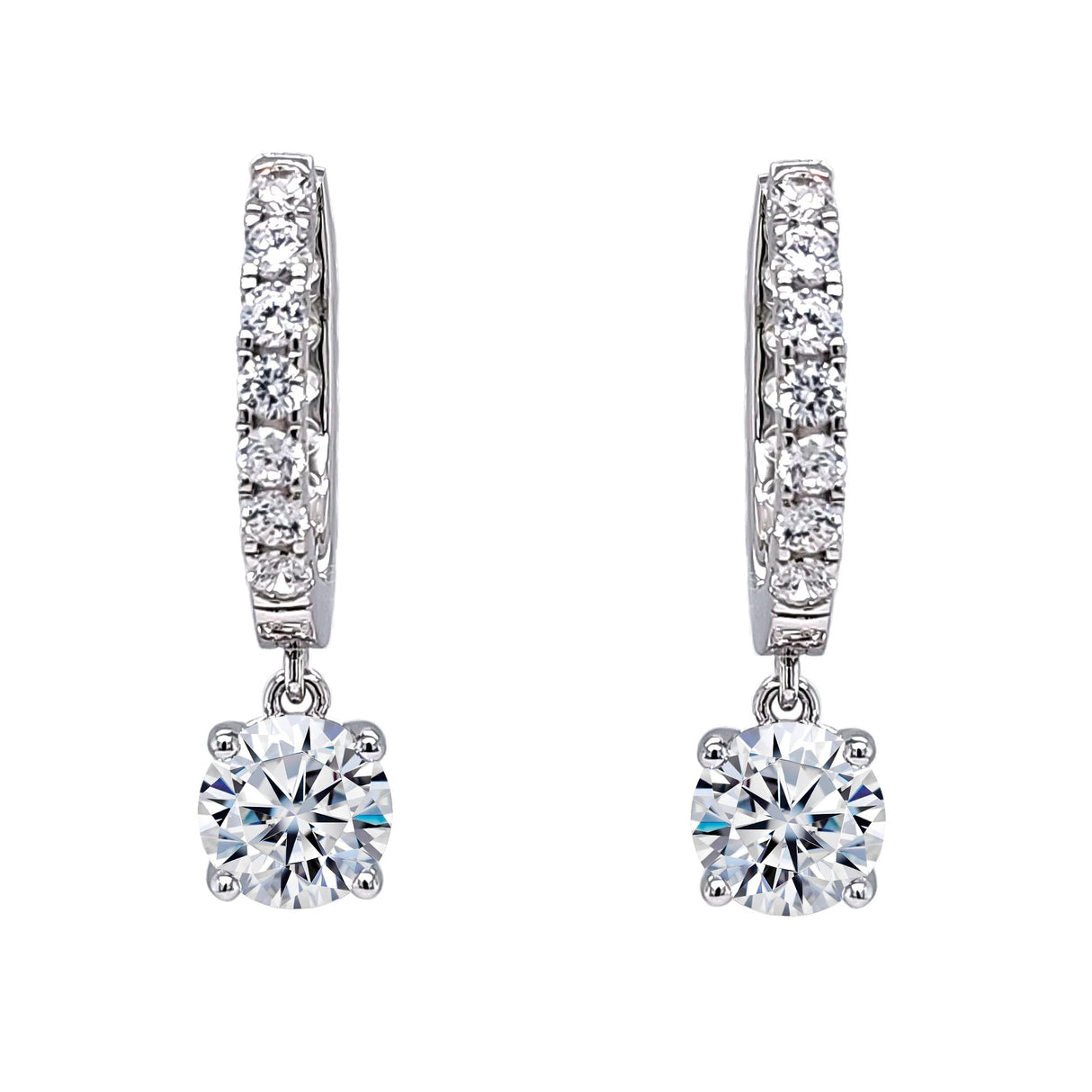 Central Diamond Center Sterling Silver Hoop Earrings with Round-Cut Simulated Diamond Dangle – 2.5 CTW CZ, Prong Set, Elegant Drop Hoops for Women
