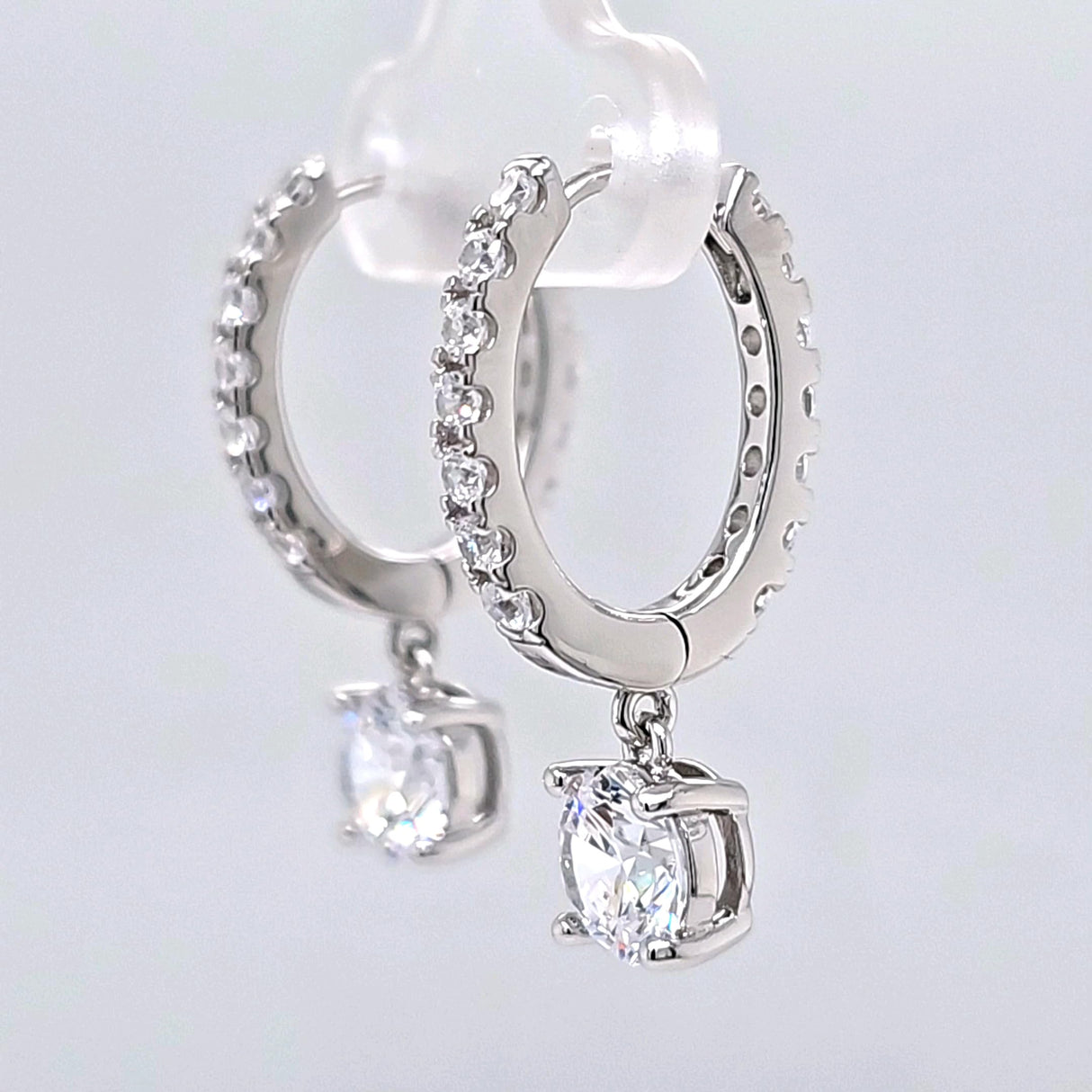 Central Diamond Center Sterling Silver Hoop Earrings with Round-Cut Simulated Diamond Dangle – 2.5 CTW CZ, Prong Set, Elegant Drop Hoops for Women