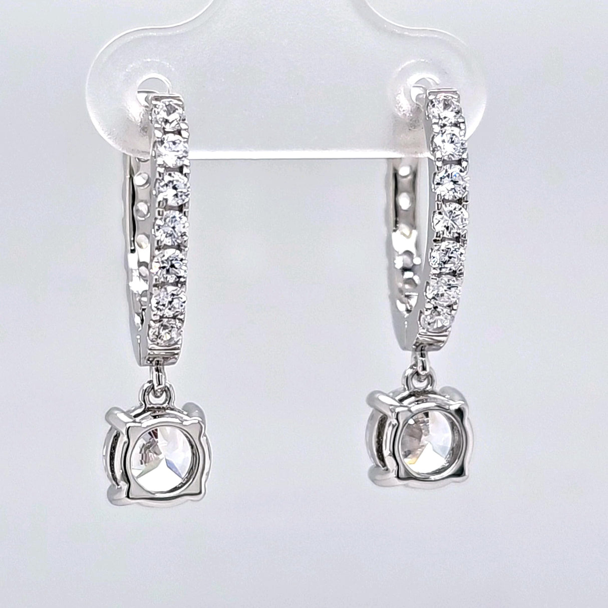 Central Diamond Center Sterling Silver Hoop Earrings with Round-Cut Simulated Diamond Dangle – 2.5 CTW CZ, Prong Set, Elegant Drop Hoops for Women