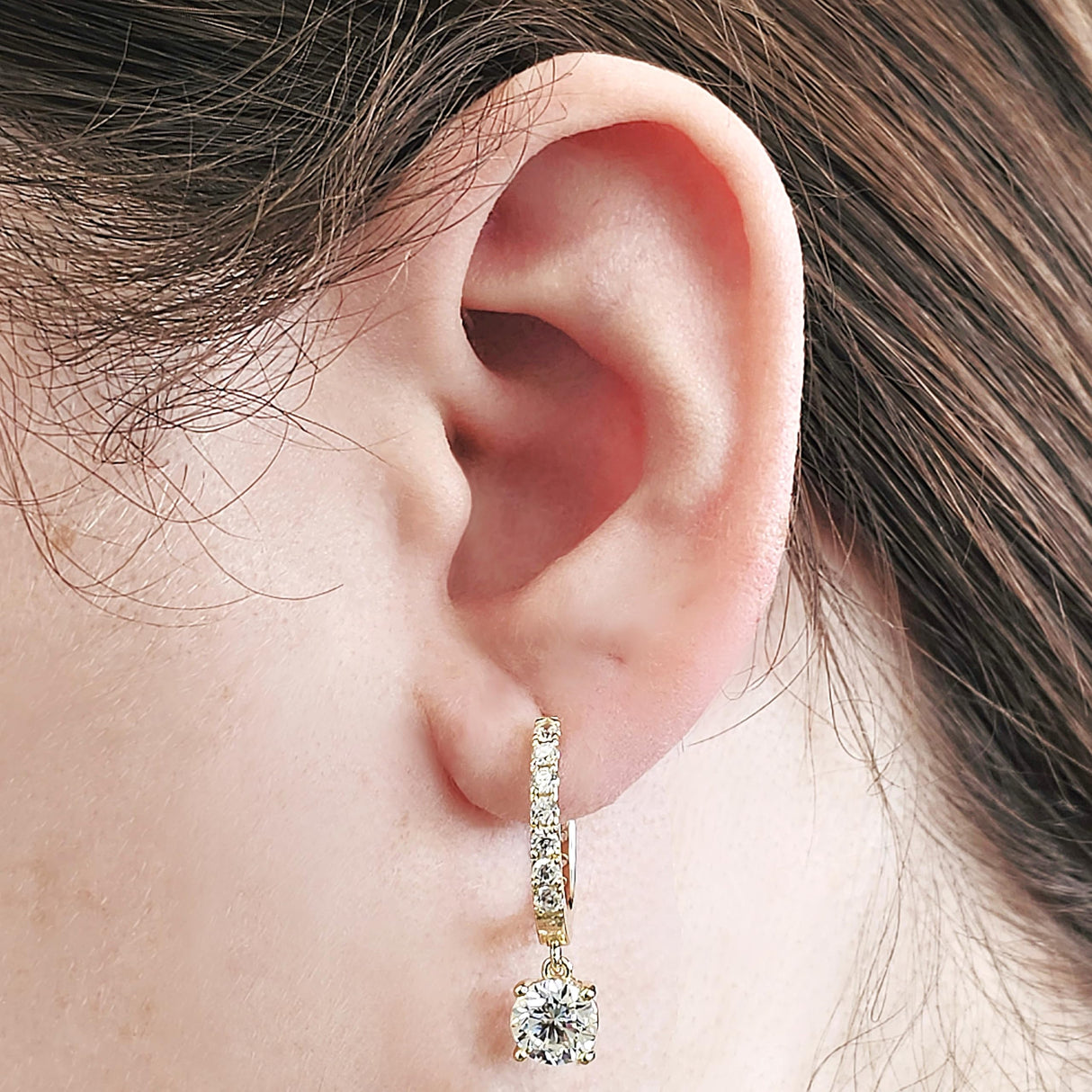 Central Diamond Center Sterling Silver Hoop Earrings with Round-Cut Simulated Diamond Dangle – 2.5 CTW CZ, Prong Set, Elegant Drop Hoops for Women