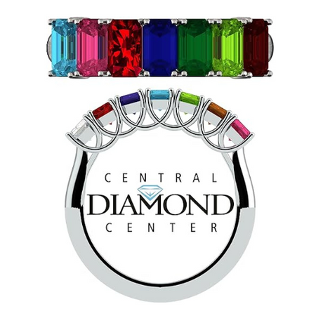 Central Diamond Center Emerald Cut Mothers Rings w/ 1 to 7 Simulated Birthstones in Sterling Silver, 10K or 14K Gold