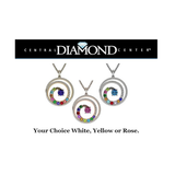 Central Diamond Center Swirl Birthstone Mothers Necklace w/ 1 to 9 Simulated Gemstones in Silver, 10K, or 14K Gold For Women