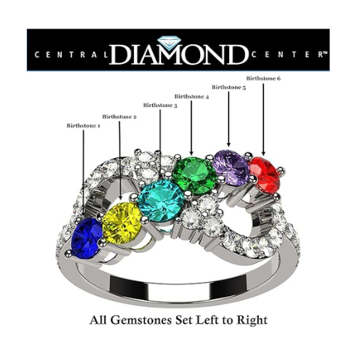 Central Diamond Center Infinity Mothers Rings w/ 1 to 6 Simulated Birthstones in Sterling Silver,  10K or 14K Gold