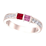 Central Diamond Center Princess w/ Side CZ Couples 2 Stone Ring w/ Simulated Birthstones in Silver 10K or 14K Gold