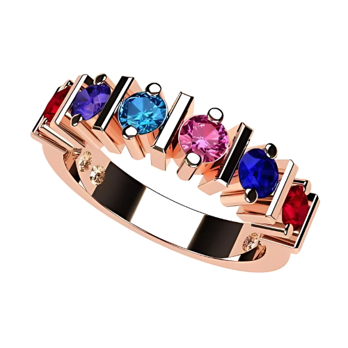 Central Diamond Center Straight Bar w/ Side CZs Mothers Ring with 1-6 Simulated Birthstones in Solid Sterling Silver, 10K or 14K Gold