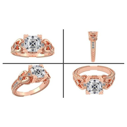 Central Diamond Center Asscher Cut Engagement Ring Pure Brilliance Zirconia, Vintage & Antique Look, Sterling Silver, 10K or 14K Gold