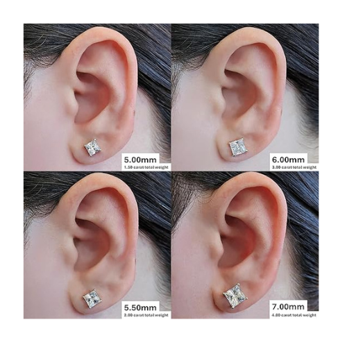 NANA Jewels Princess Cut Simulated Diamond Stud Earrings Silver & CZ 1.50ct - 4.00ct Hypoallergenic