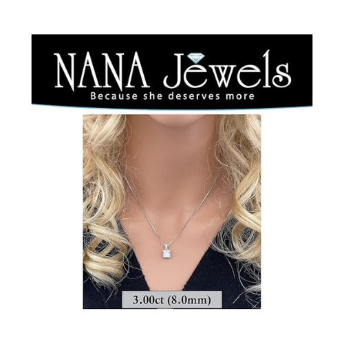 NANA Jewels Cushion Cut CZ Simulated Diamond Solitaire Necklace Sterling Silver 7-8mm Cubic Zirconia, 2.00ct & 3.00ct