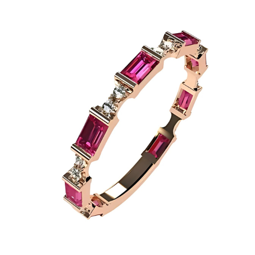 Central Diamond Center Baguette Stackable Birthstone Ring Band w/ Simulated Birthstones, Sterling Silver