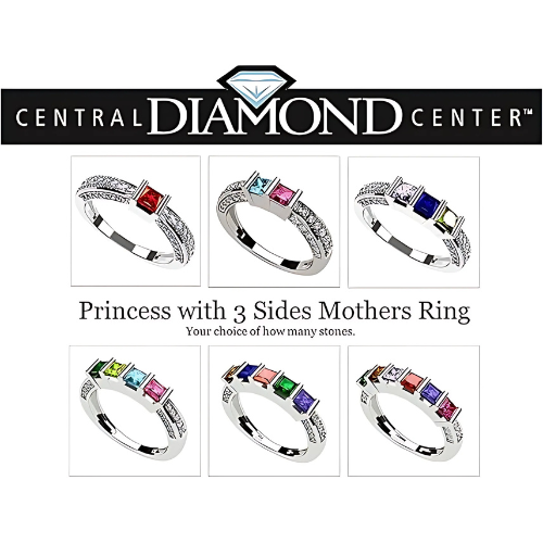 Central Diamond Center Princess Mothers Birthstone Ring w/Accent CZs on 3 Sides w/1-6 Simulated Gemstones in Silver, 10K or 14K Gold