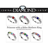 Central Diamond Center Princess Mothers Birthstone Ring w/Accent CZs on 3 Sides w/1-6 Simulated Gemstones in Silver, 10K or 14K Gold