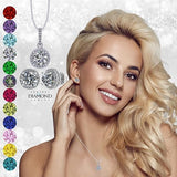 Central Diamond Center Round Halo Earring & Necklace Set w/ 6.5mm Simulated Birthstones in 925 Sterling Silver, Hypoallergenic