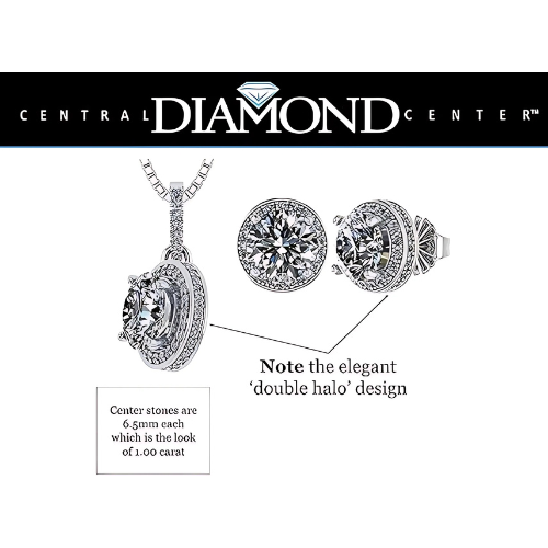 Central Diamond Center Round Halo Earring & Necklace Set w/ 6.5mm Simulated Birthstones in 925 Sterling Silver, Hypoallergenic