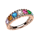 Central Diamond Center Rope Mothers Birthstone Ring with 1 to 10 Simulated Birthstones, Sterling Silver, 10K or 14K Gold
