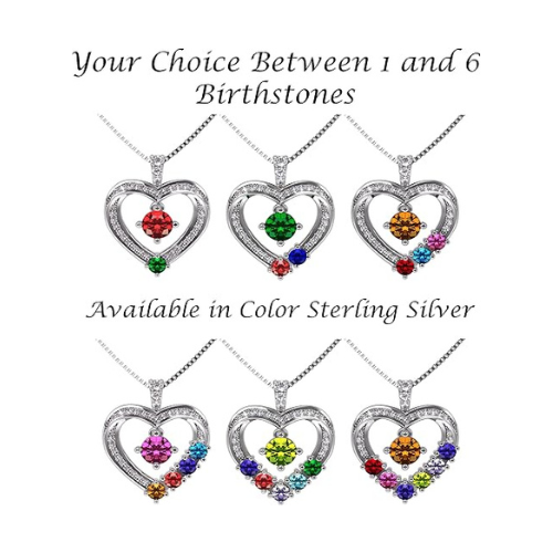 Central Diamond Center Mother & Child Heart Birthstone Necklace w/ 1-6 Simulated Gemstones in Sterling Silver, 10K, or 14K Gold