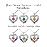 Central Diamond Center Mother & Child Heart Birthstone Necklace w/ 1-6 Simulated Gemstones in Sterling Silver, 10K, or 14K Gold