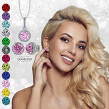 Central Diamond Center Round Halo Earring & Necklace Set w/ 6.5mm Simulated Birthstones in 925 Sterling Silver, Hypoallergenic