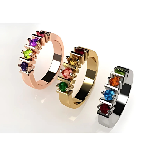 Central Diamond Center Straight Bar Mother's Ring Simulated Birthstone Ring w/ 1-6 Stones - Sterling Silver, 10K or 14K Gold