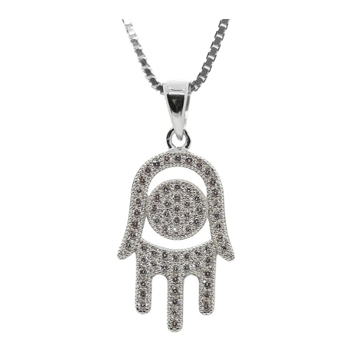 Central Diamond Center Simulated Diamonds Halo Hamsa Pendant Sterling Silver and box chain