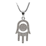 Central Diamond Center Simulated Diamonds Halo Hamsa Pendant Sterling Silver and box chain