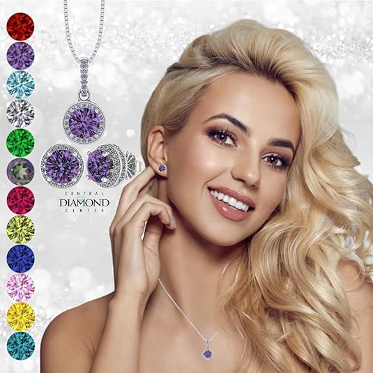 Central Diamond Center Round Halo Earring & Necklace Set w/ 6.5mm Simulated Birthstones in 925 Sterling Silver, Hypoallergenic