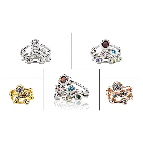 Central Diamond Center Bubble Mother's Ring with 1 to 7 Simulated Birthstones in Sterling Silver