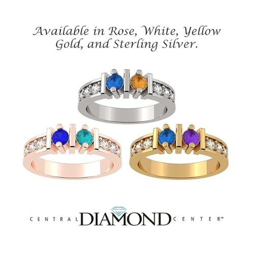 Central Diamond Center Straight Bar w/ Sides Couples 2 Stone Ring w/ Simulated Birthstones Silver or 10K, 14K Gold