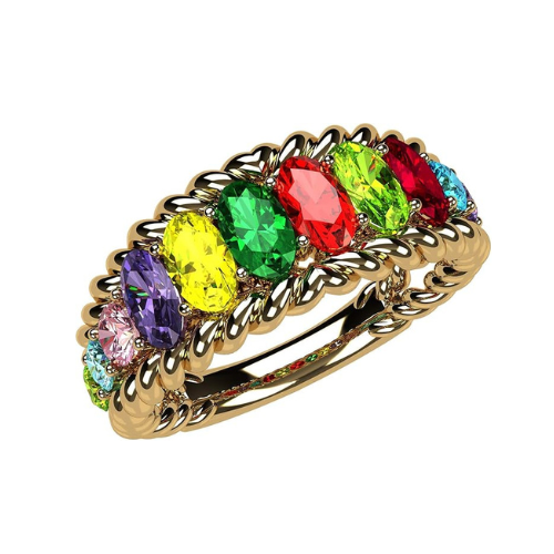 Central Diamond Center Oval Rope Mothers Birthstone Ring w/ 1 to 12 Simulated Gemstones in Sterling Silver, 10K, or 14K Gold For Women