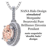 Elegant round morganite halo necklace.