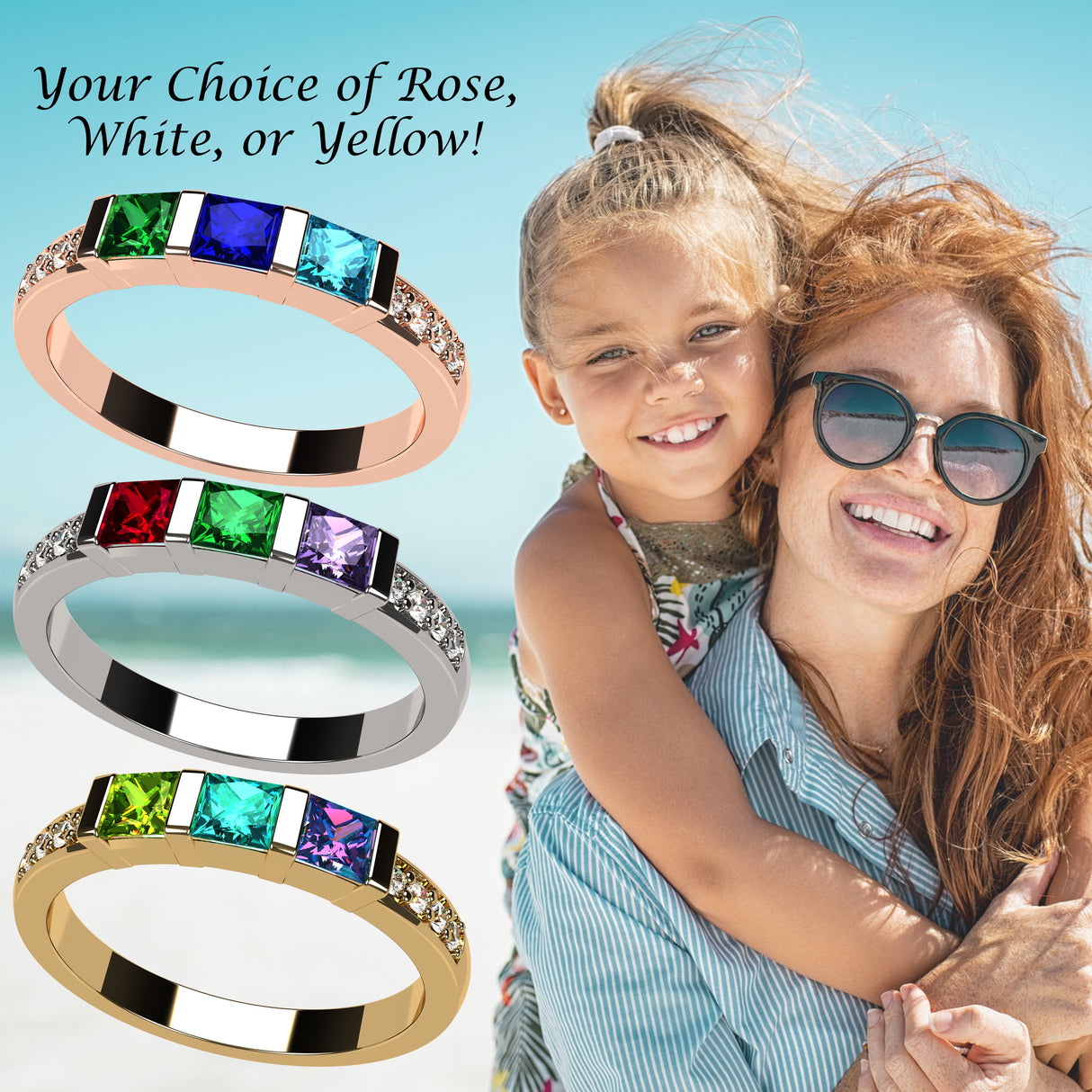 Central Diamond Center Princess w/Sides Mothers Rings with 1 to 6 Simulated Birthstones, Sterling Silver, 10K or 14K Gold