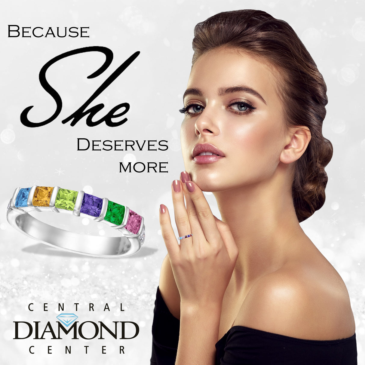 Central Diamond Center Princess w/Sides Mothers Rings with 1 to 6 Simulated Birthstones, Sterling Silver, 10K or 14K Gold