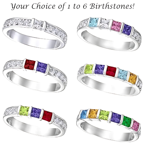 Central Diamond Center Princess w/Sides Mothers Rings with 1 to 6 Simulated Birthstones, Sterling Silver, 10K or 14K Gold