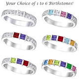 Central Diamond Center Princess w/Sides Mothers Rings with 1 to 6 Simulated Birthstones, Sterling Silver, 10K or 14K Gold