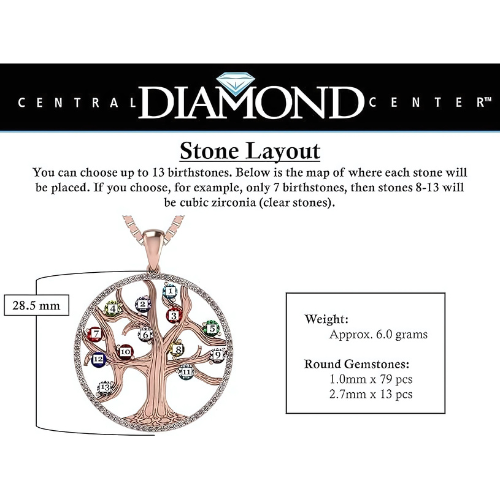 Central Diamond Center Tree of Life Mothers Birthstone Necklace in Silver-10K or 14K Gold Up to 12stones