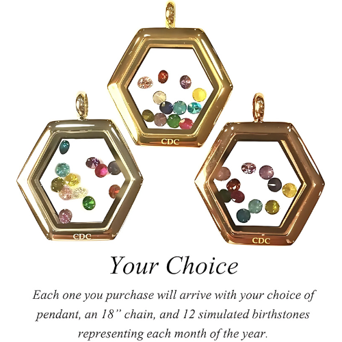 Central Diamond Center Stainless Steel Mother's  Hexagon Locket Pendant (Jan-Dec) Yellow/White/Rose Plated With A Chain