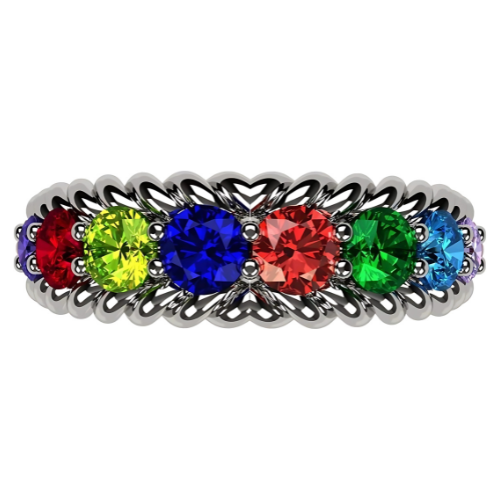 Central Diamond Center Rope Mothers Birthstone Ring with 1 to 10 Simulated Birthstones, Sterling Silver, 10K or 14K Gold