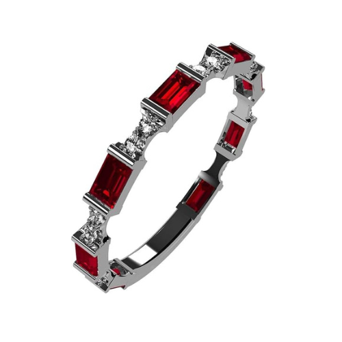 Central Diamond Center Baguette Stackable Birthstone Ring Band w/ Simulated Birthstones, Sterling Silver