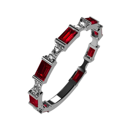 Central Diamond Center Baguette Stackable Birthstone Ring Band w/ Simulated Birthstones, Sterling Silver