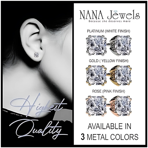 NANA Jewels Cushion Cut Simulated Diamond Stud Earrings 14K Solid Gold Post & Sterling Silver -0.60ctw-4.00ctw CZ