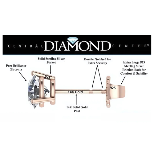 14K Gold Post & Sterling Silver Pure Brilliance Zirconia 3 Prong Martini Style Stud Earrings 1.0ct to 4ct