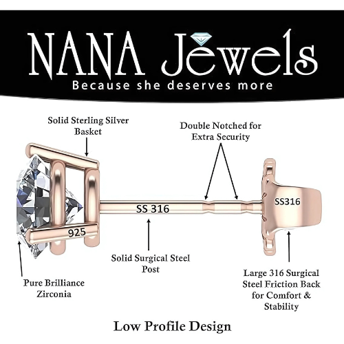 NANA Jewels Round Martini style Simulated Diamond Stud Earrings Silver & CZ 1.50ct-4.00ct Hypoallergenic